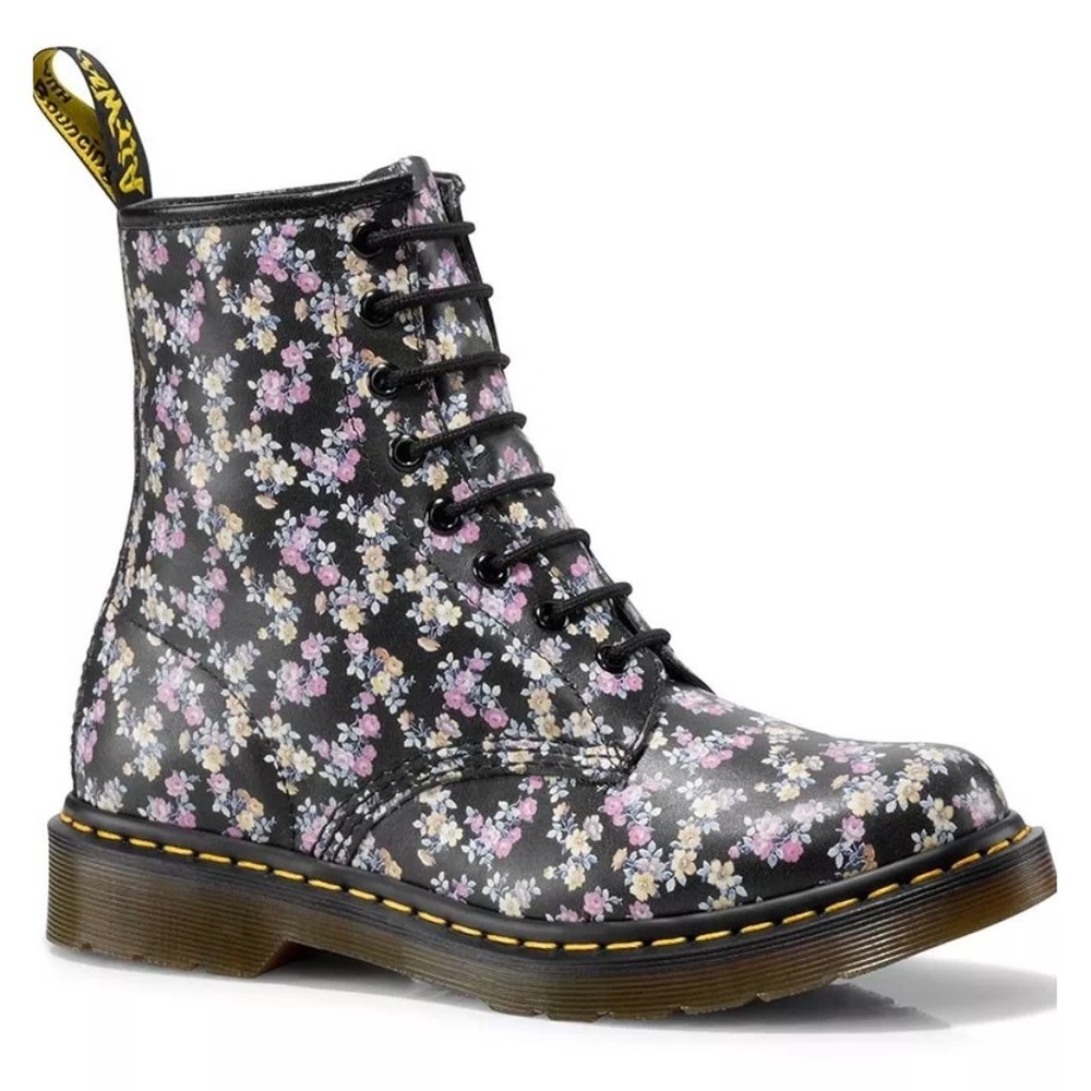 Dr. Martens 1460 Tydee Floral Print Leather Combat Boots Black Multi Womens 8